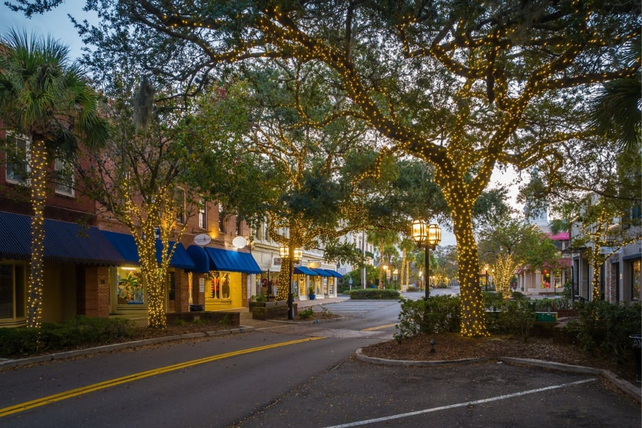 downtown street decorated with Christmas lights on Amelia Island