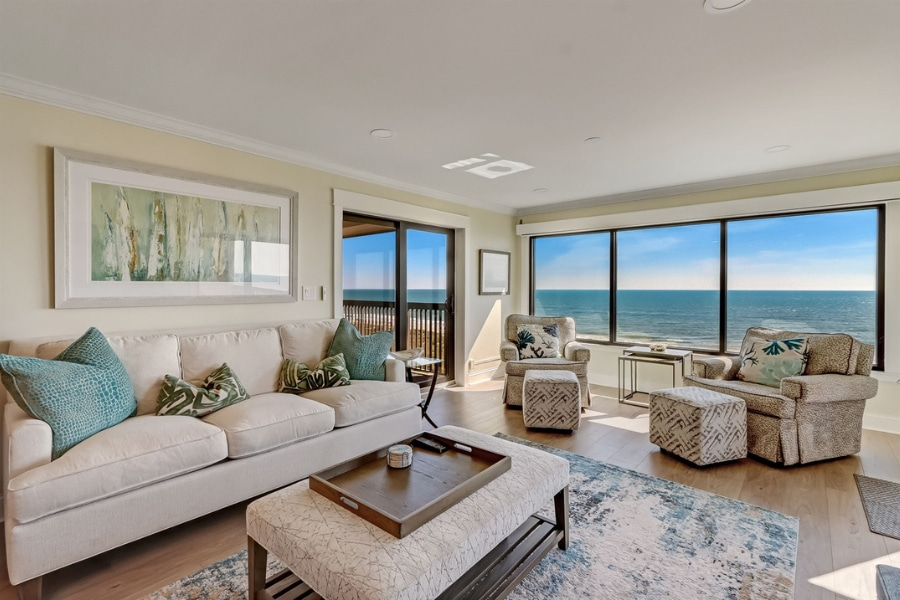 coastal living room of vacation rental with ocean view